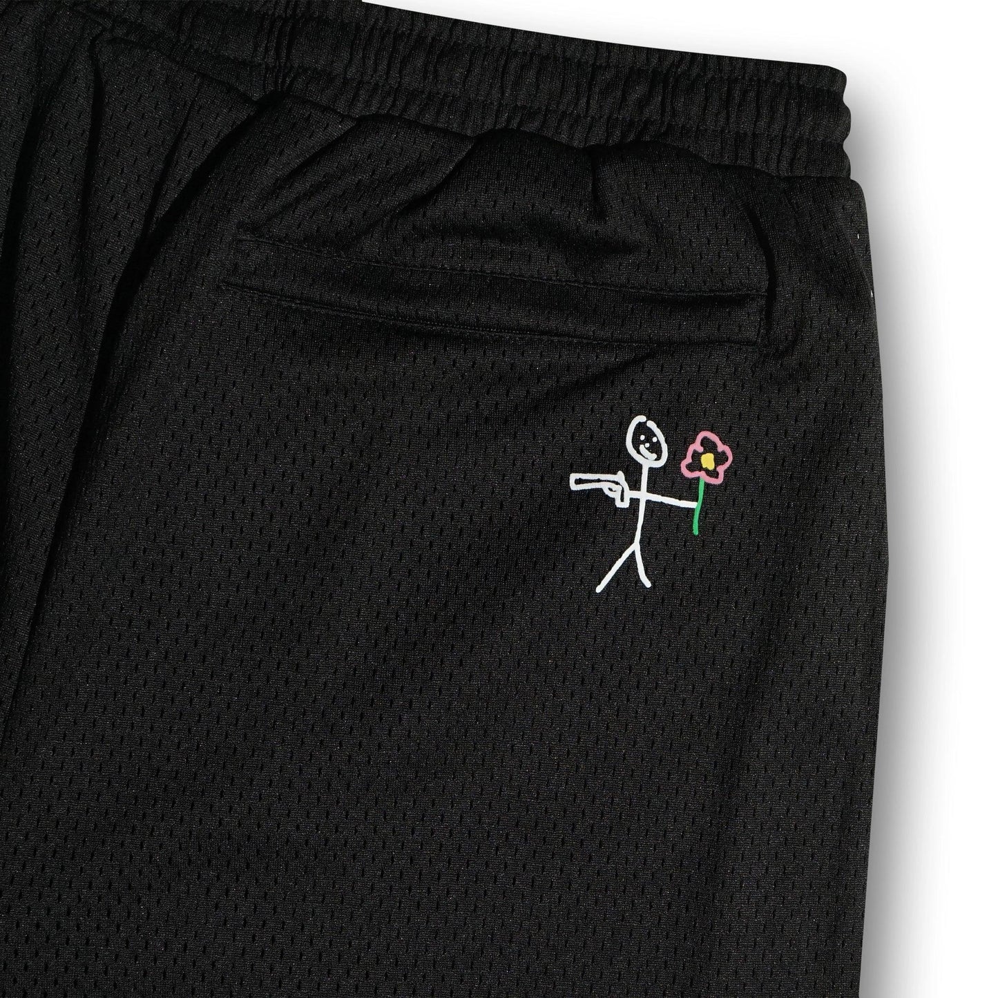Stickman detail on black mesh shorts back view - tell them why not