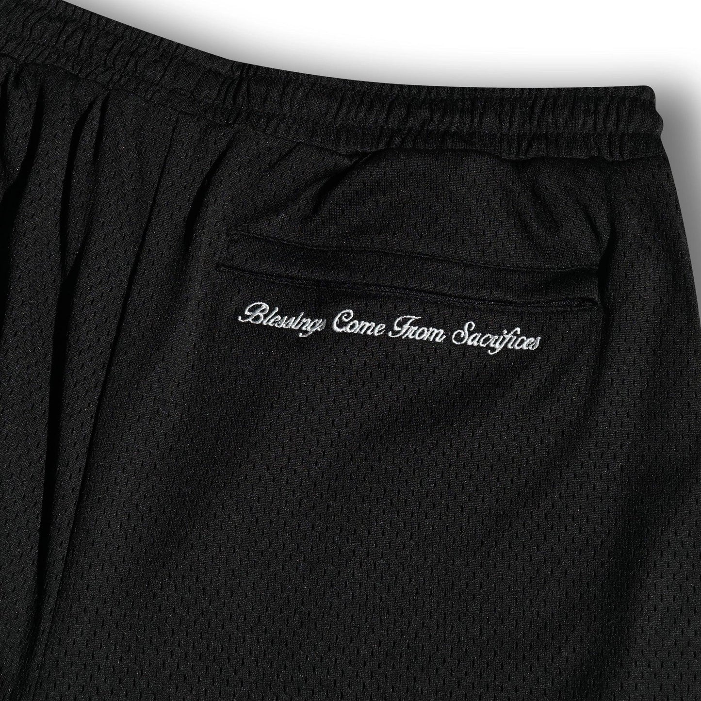 Embroidery detail on black mesh shorts - tell them why not