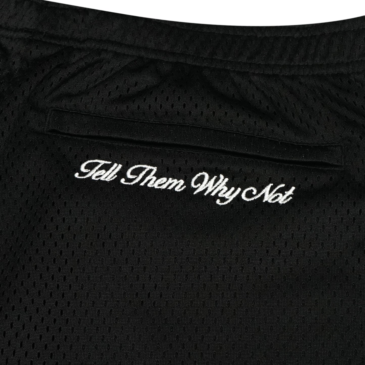 Black mesh stickman shorts back embroidery close-up - Tell Them Why Not