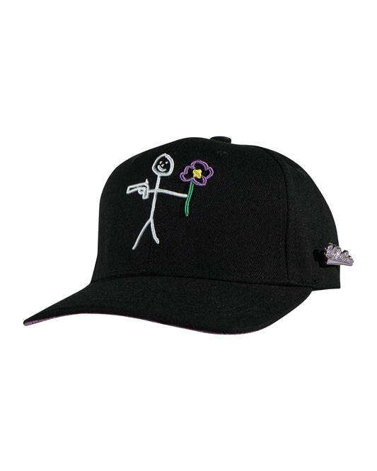 Black snapback cap with embroidered stickman logo three quarter front view - tell them why not