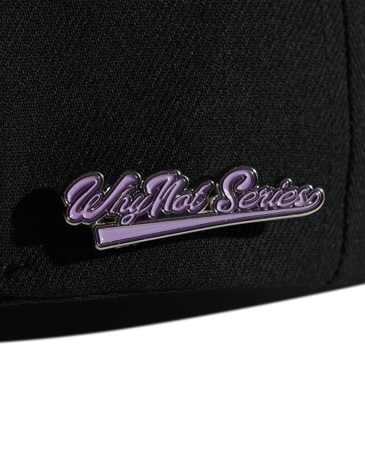 Whynot Series metal pins detail on black snapback cap - tell them why not