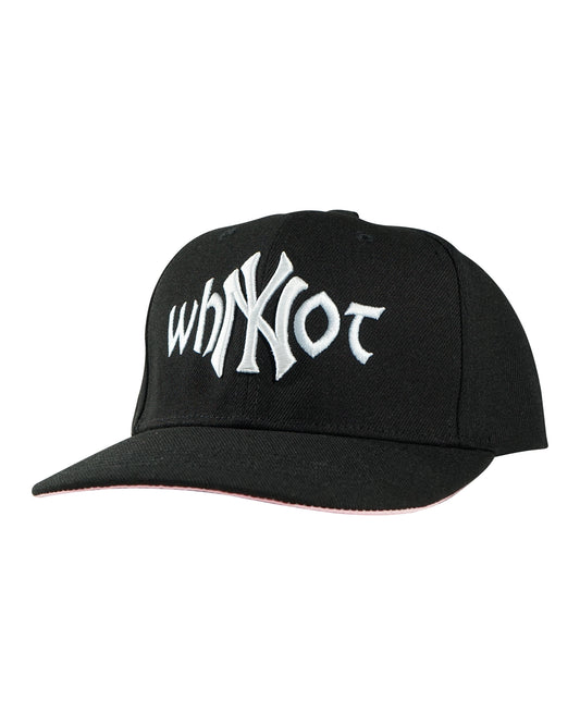 Black snapback cap with Whynot NY typography three quarter front view - tell them why not