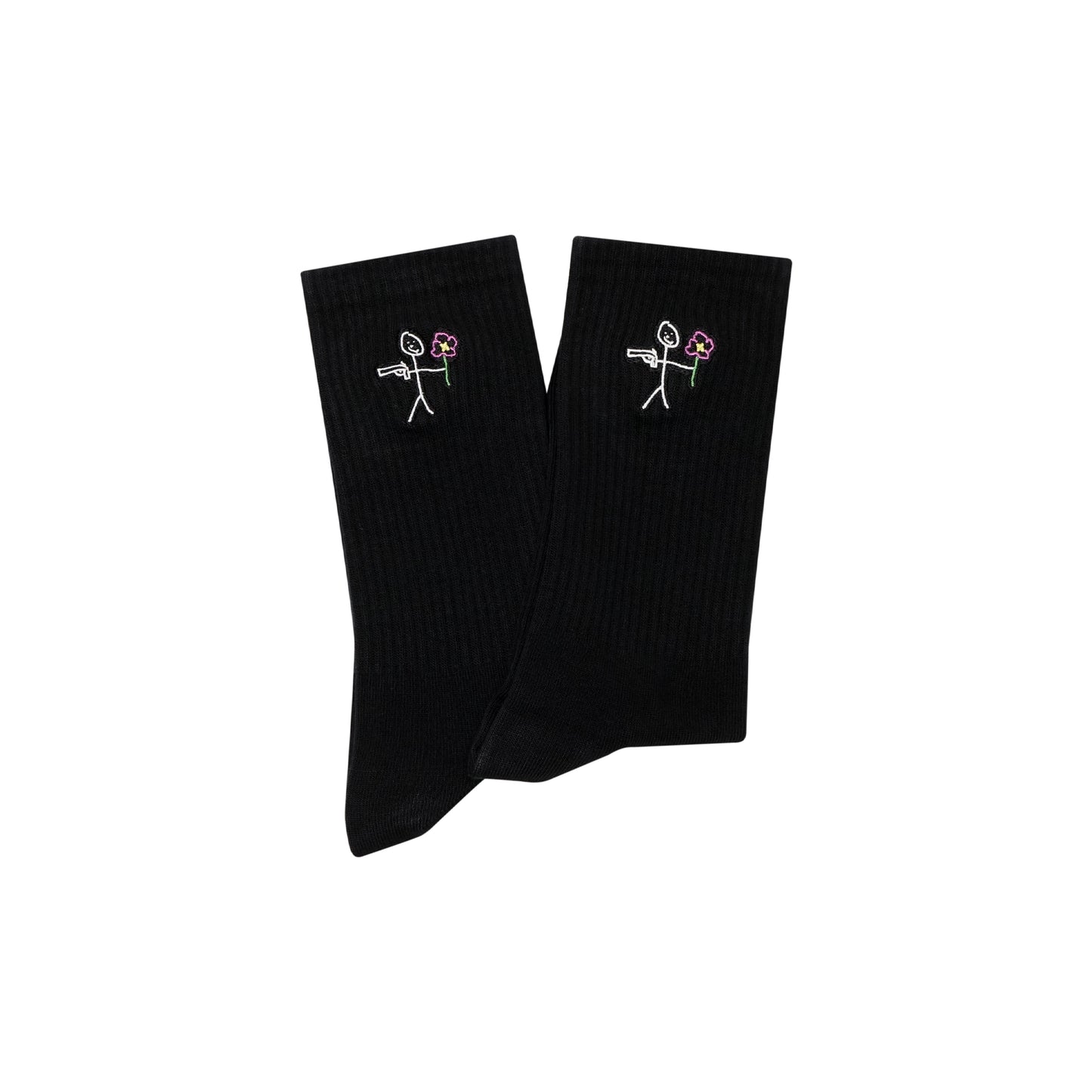 Black ribbed socks with embroidered stickman - tell them why not