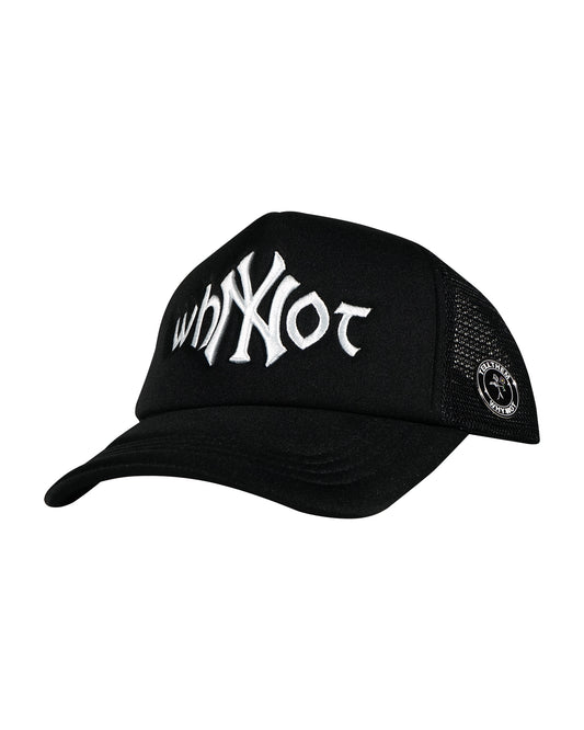 Black trucker cap three quarter front view with Whynot NY typography