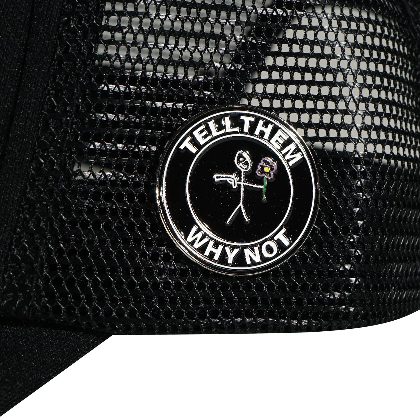 Black Whynot NY typography trucker left side pins detail