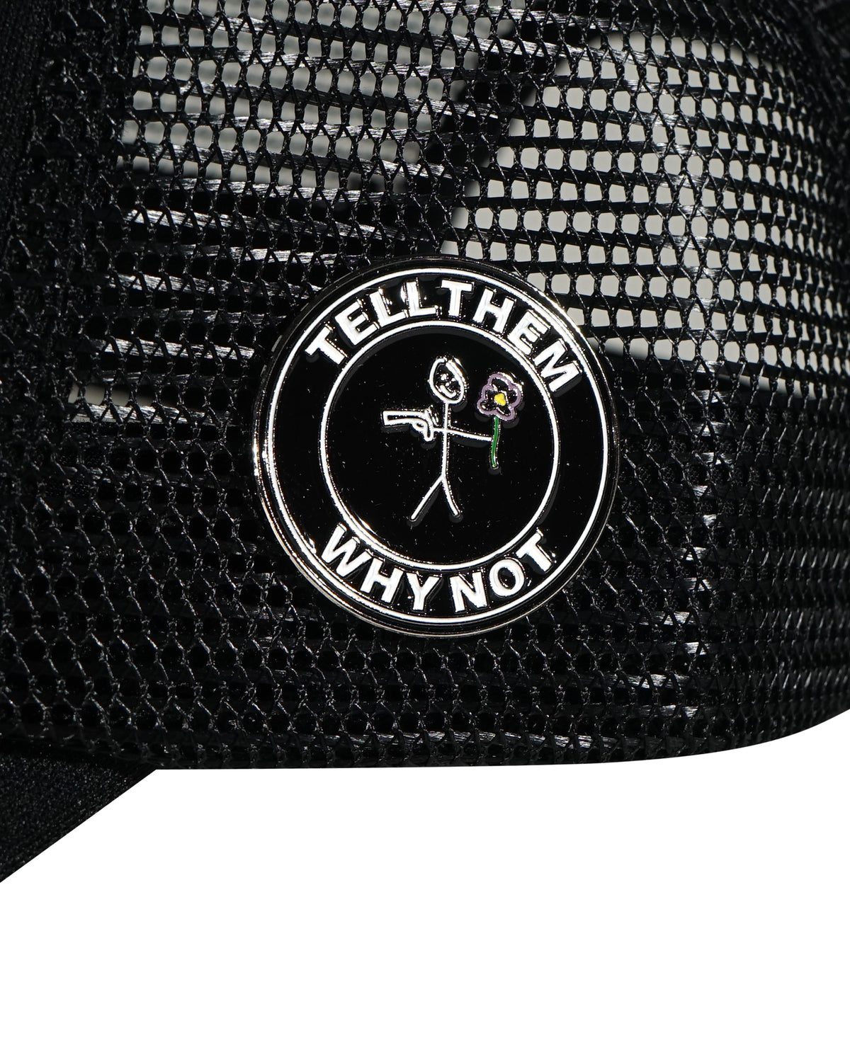 Black Whynot NY typography trucker left side pins detail