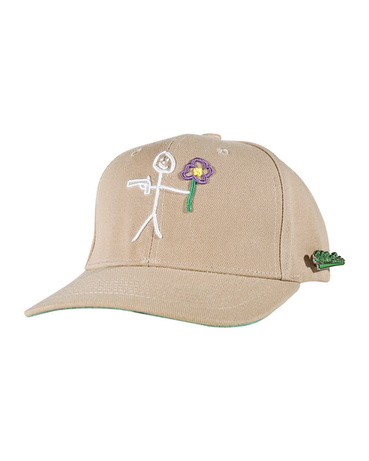 Camel snapback cap with embroidered stickman logo three quarter front view - tell them why not