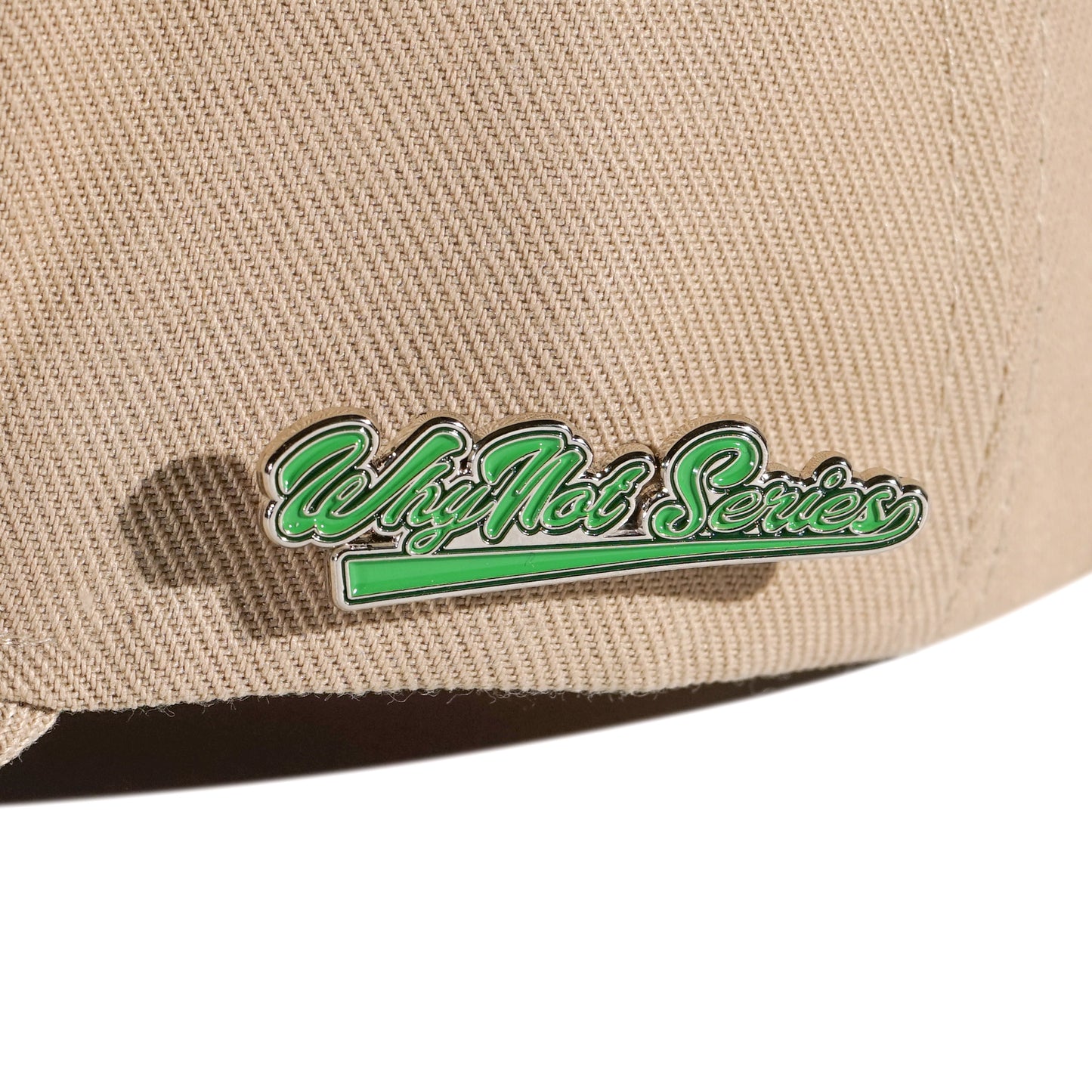 Whynot Series metal pins detail on camel snapback cap - tell them why not