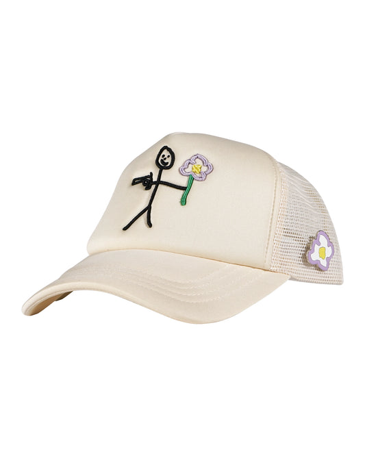 Cream trucker cap three quarter front view with embroidered stickman logo - tell them why not