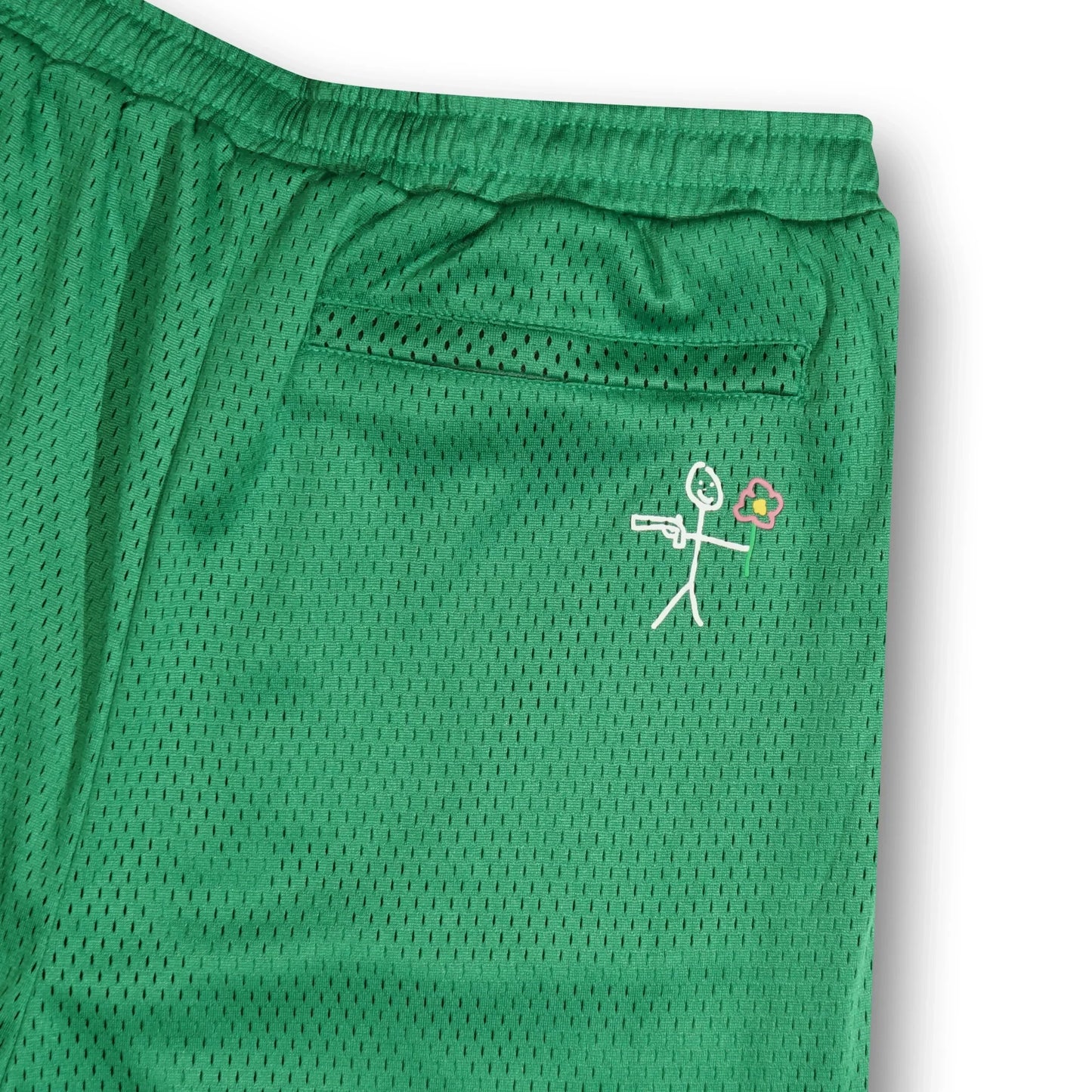 Stickman detail on green mesh shorts back view - tell them why not