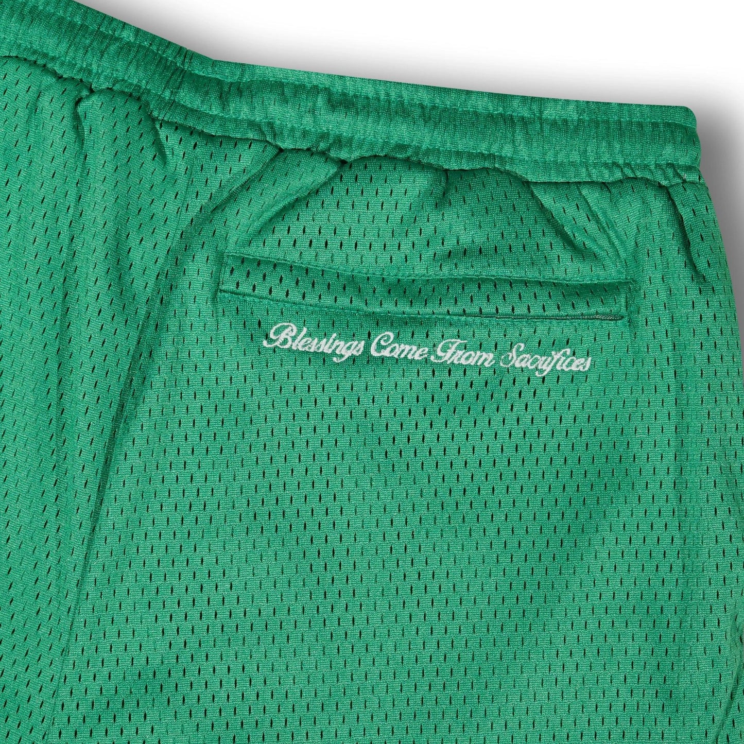 Back embroidery detail on green mesh shorts - tell them why not
