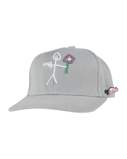 Grey snapback cap with embroidered stickman logo three quarter front view - tell them why not