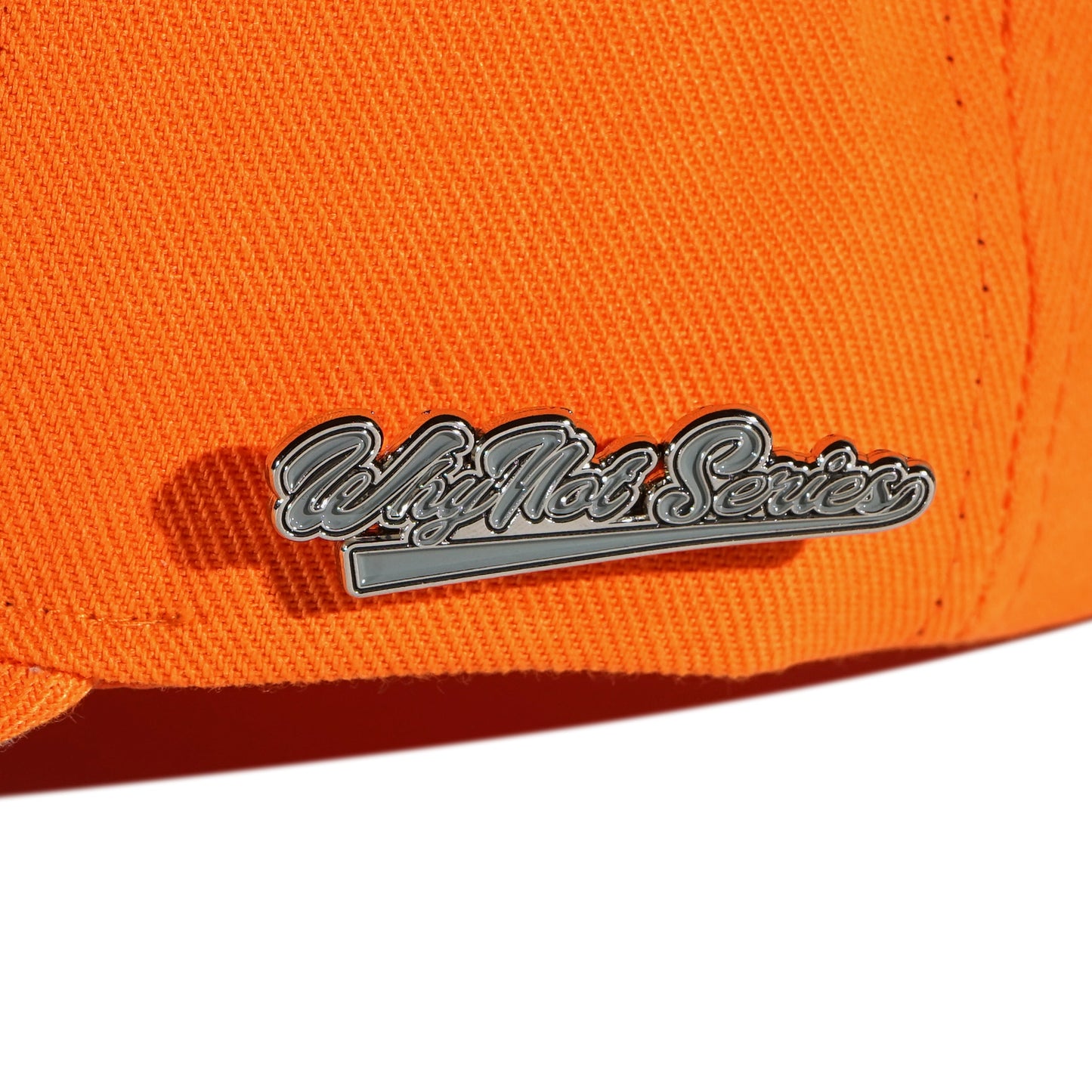 Whynot Series metal pins detail on orange snapback cap - tell them why not