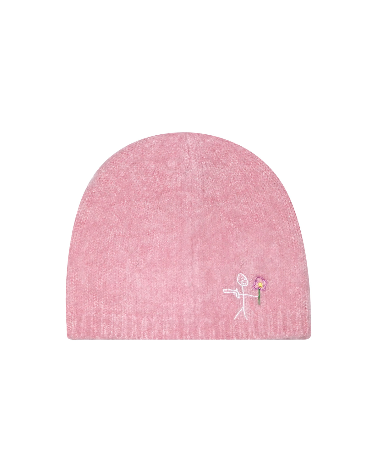 Pink Mohair beanies NY logo embroidery back view - tell them why not