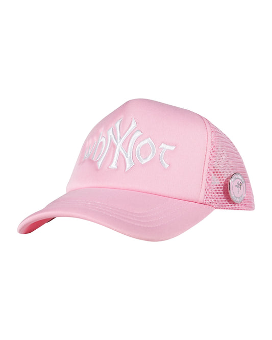 Pink trucker cap three quarter front view with Whynot NY typography