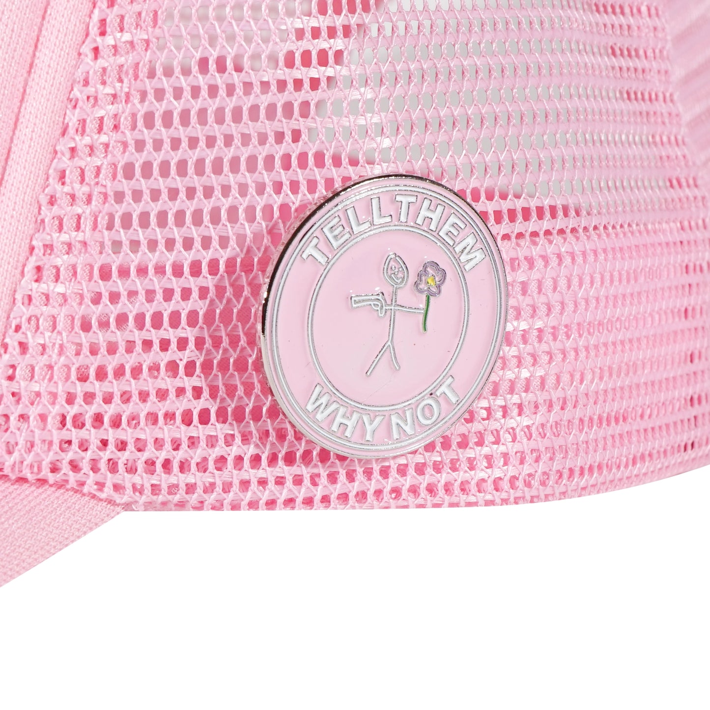 Whynot NY typography and left side pins detail on pink trucker cap