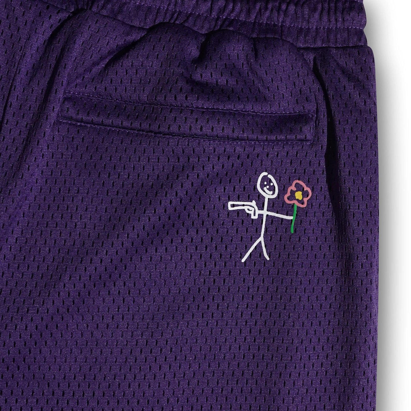 Stickman detail on purple mesh shorts back view - tell them why not