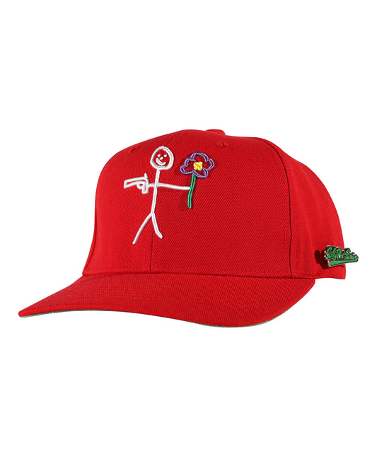 Red snapback cap with embroidered stickman logo three quarter front view - tell them why not