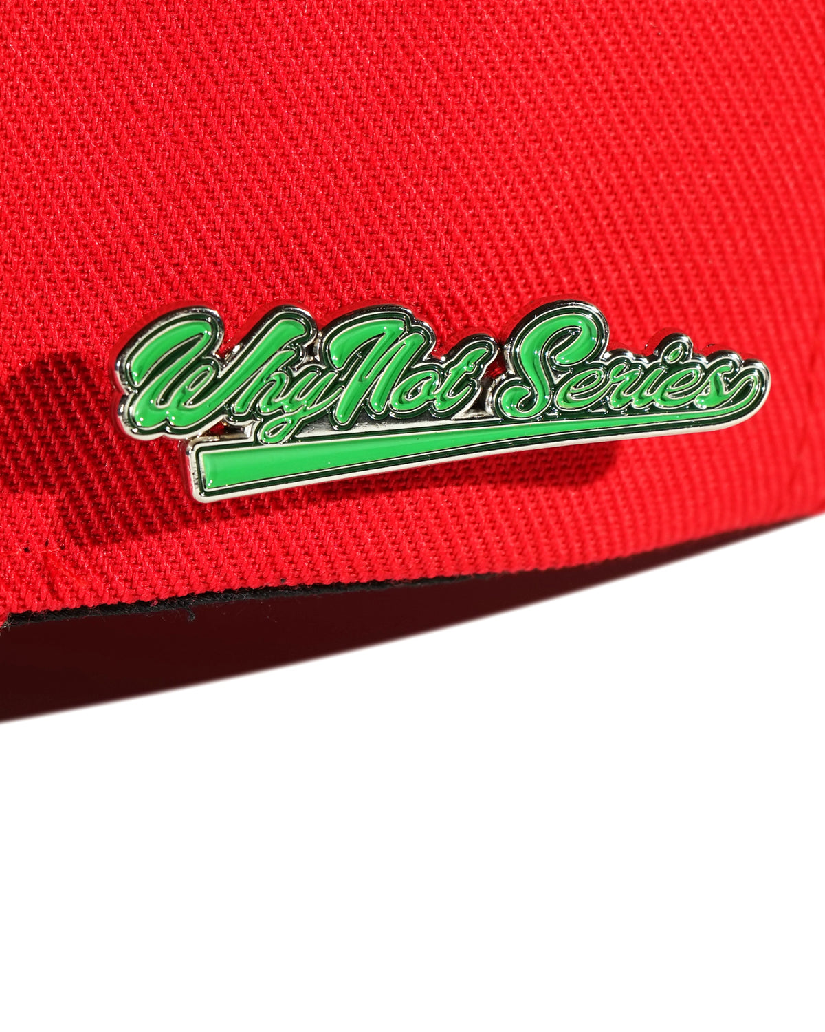 Whynot Series metal pins detail on red snapback cap - tell them why not