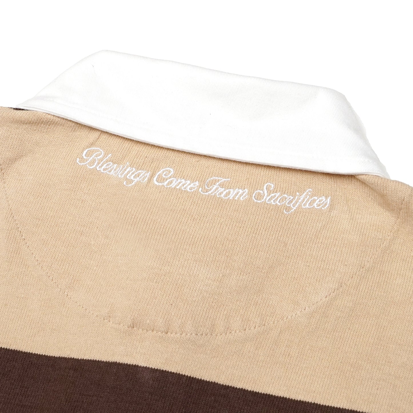 White collar striped polo with Blessings Comes From Sacrifies embroidery