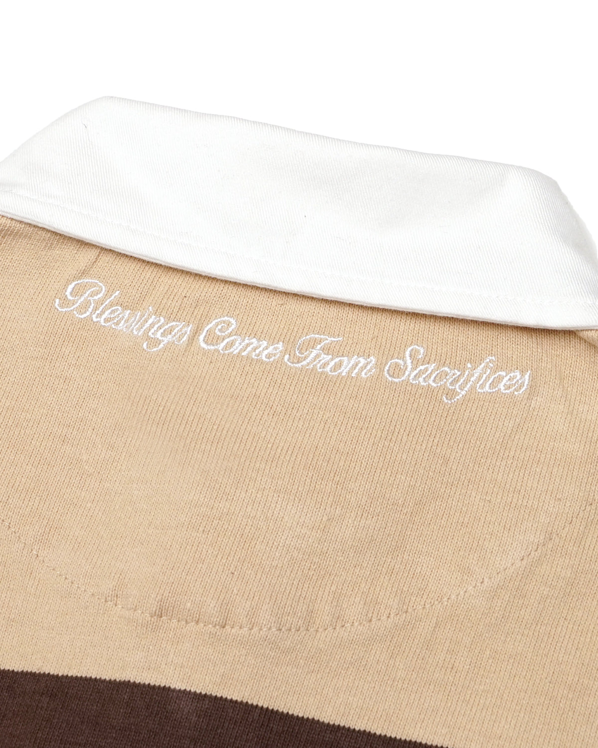 White collar striped polo with Blessings Comes From Sacrifies embroidery