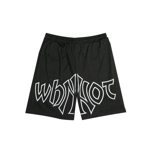 Black mesh shorts with Whynot NY typography front view - tell them why not