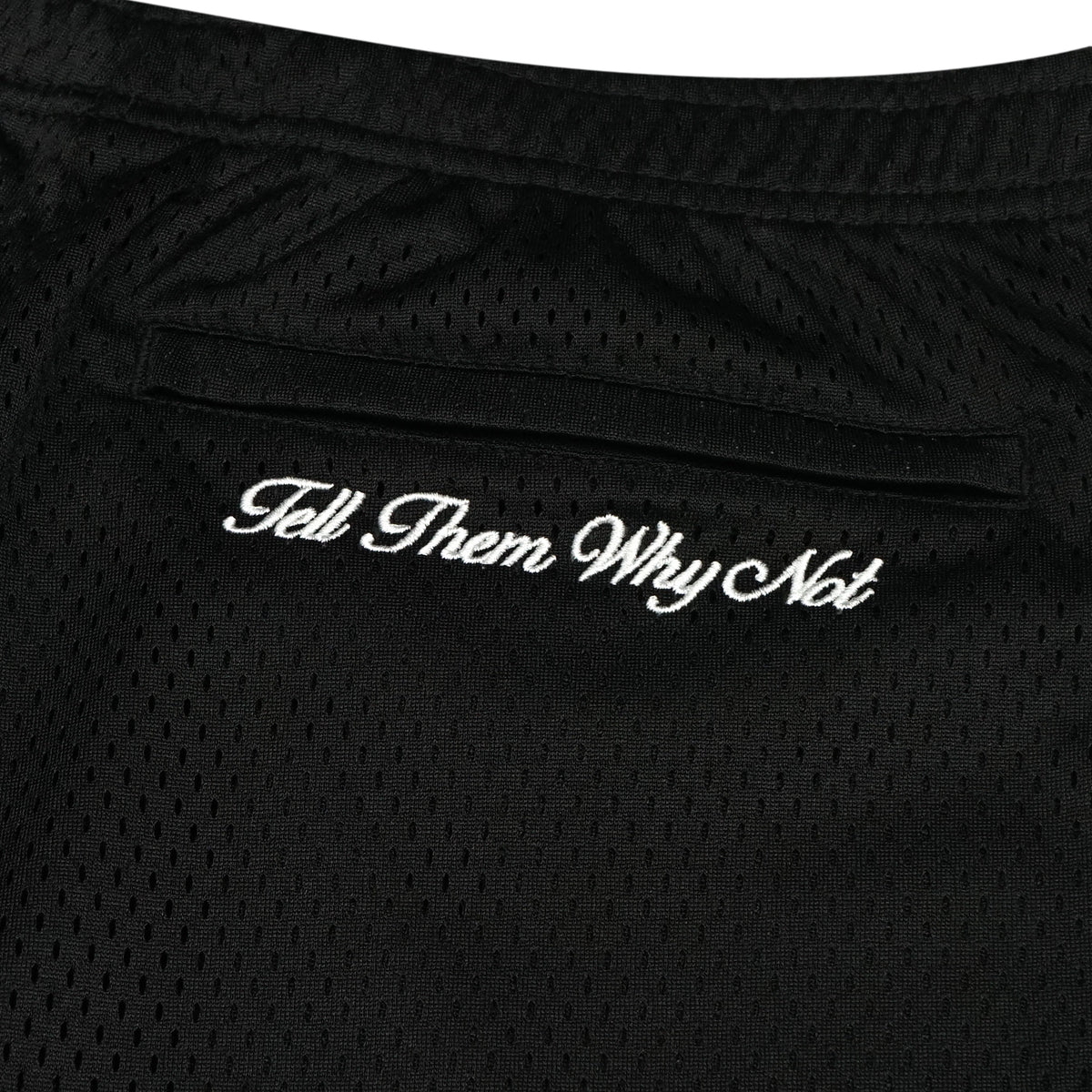 Black mesh stickman shorts back embroidery close-up - Tell Them Why Not 