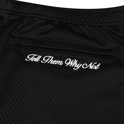 Black mesh stickman shorts back embroidery close-up - Tell Them Why Not 