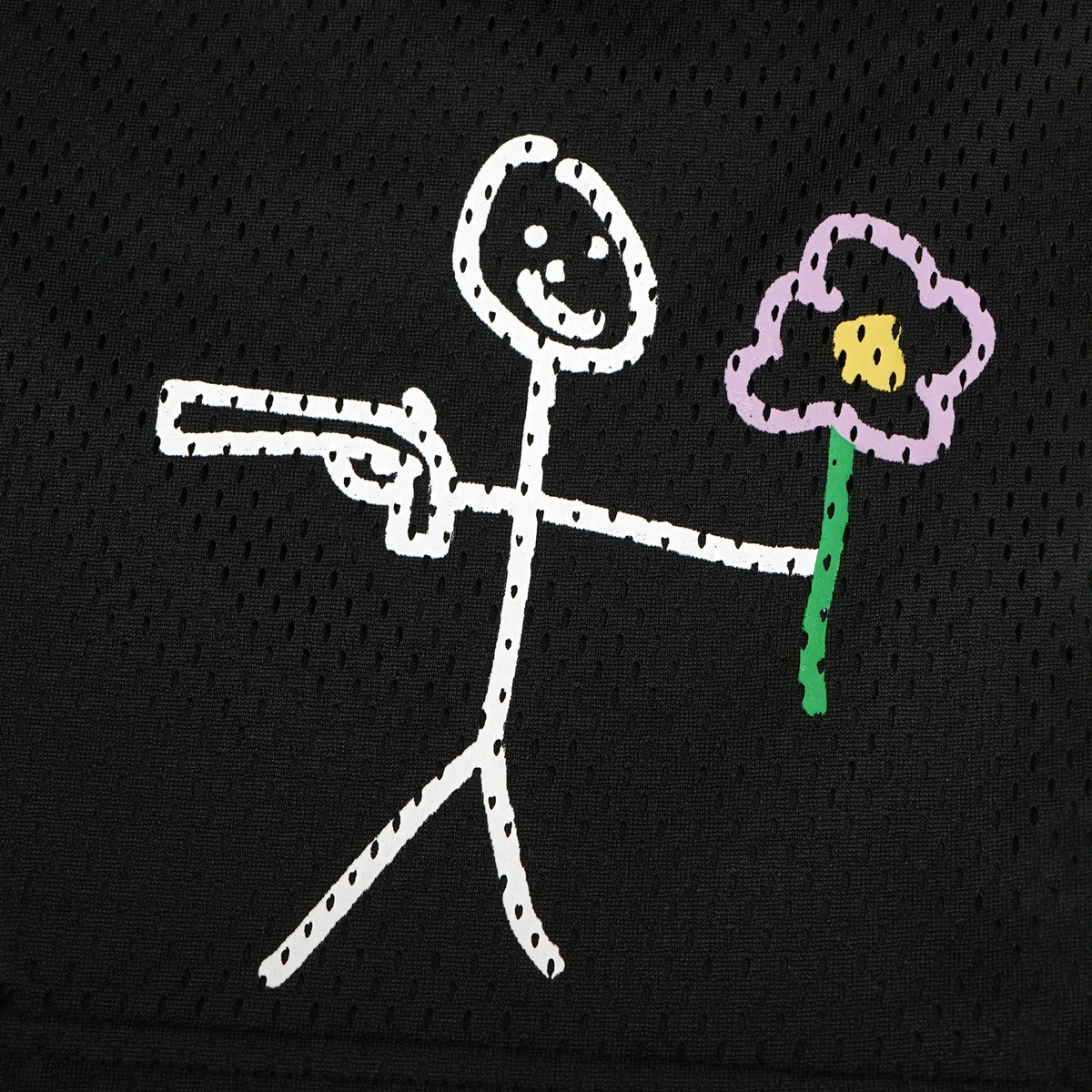 Black mesh stickman shorts front screen printing close-up - Tell Them Why Not 