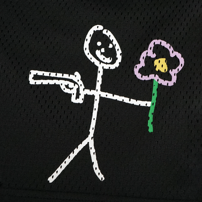 Black mesh stickman shorts front screen printing close-up - Tell Them Why Not 
