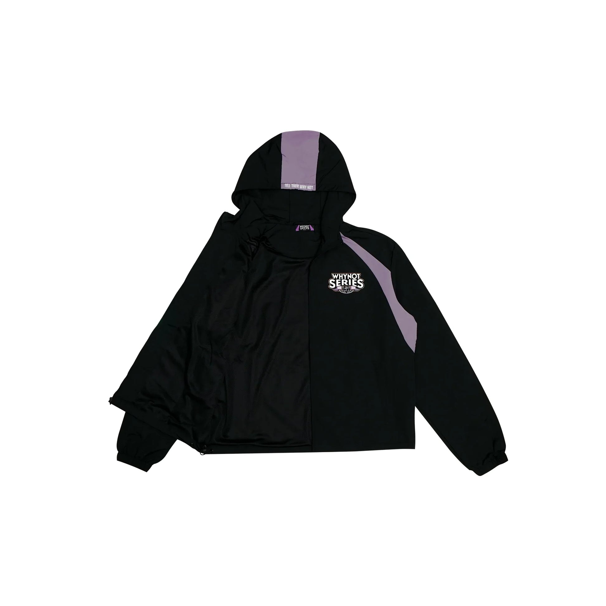 Black nylon jacket Whynot Series open front view - tell them why not