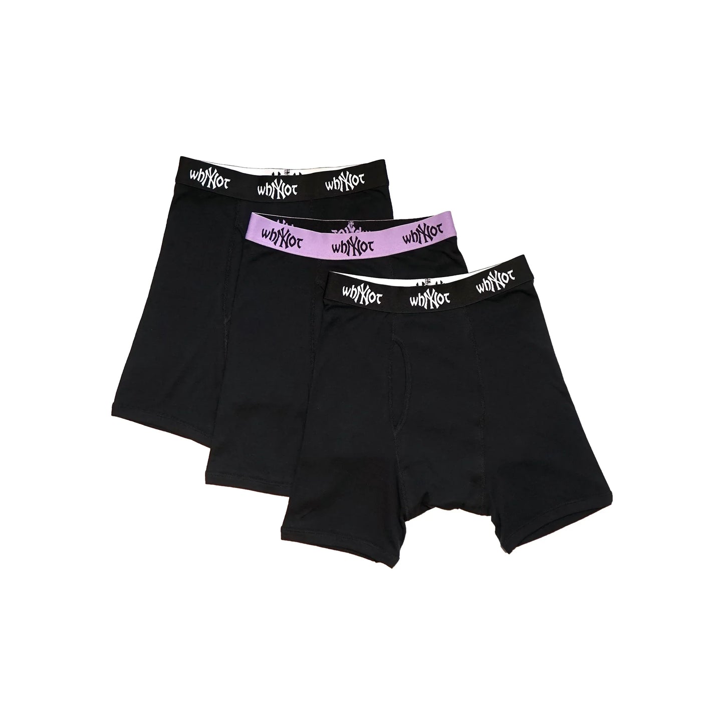 Black and purple NY 3-pack boxer shorts packaging view - tell them why not