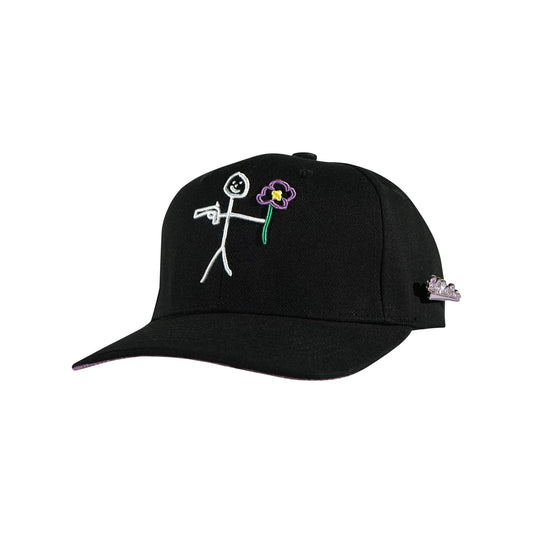 Black snapback cap with embroidered stickman logo three quarter front view - tell them why not