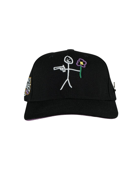Black snapback cap with embroidered stickman gun and flower logo front view - - tell them why not