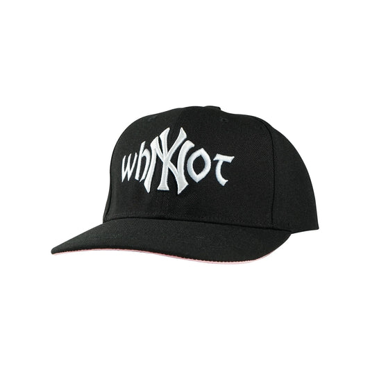 Black snapback cap with Whynot NY typography three quarter front view  - tell them why not