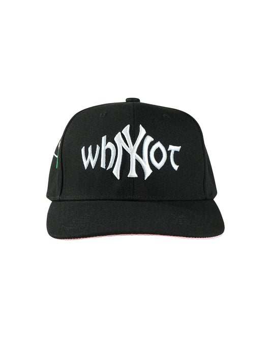 black snapback cap with Whynot NY typography and embroidered logo side front view - tell them why not