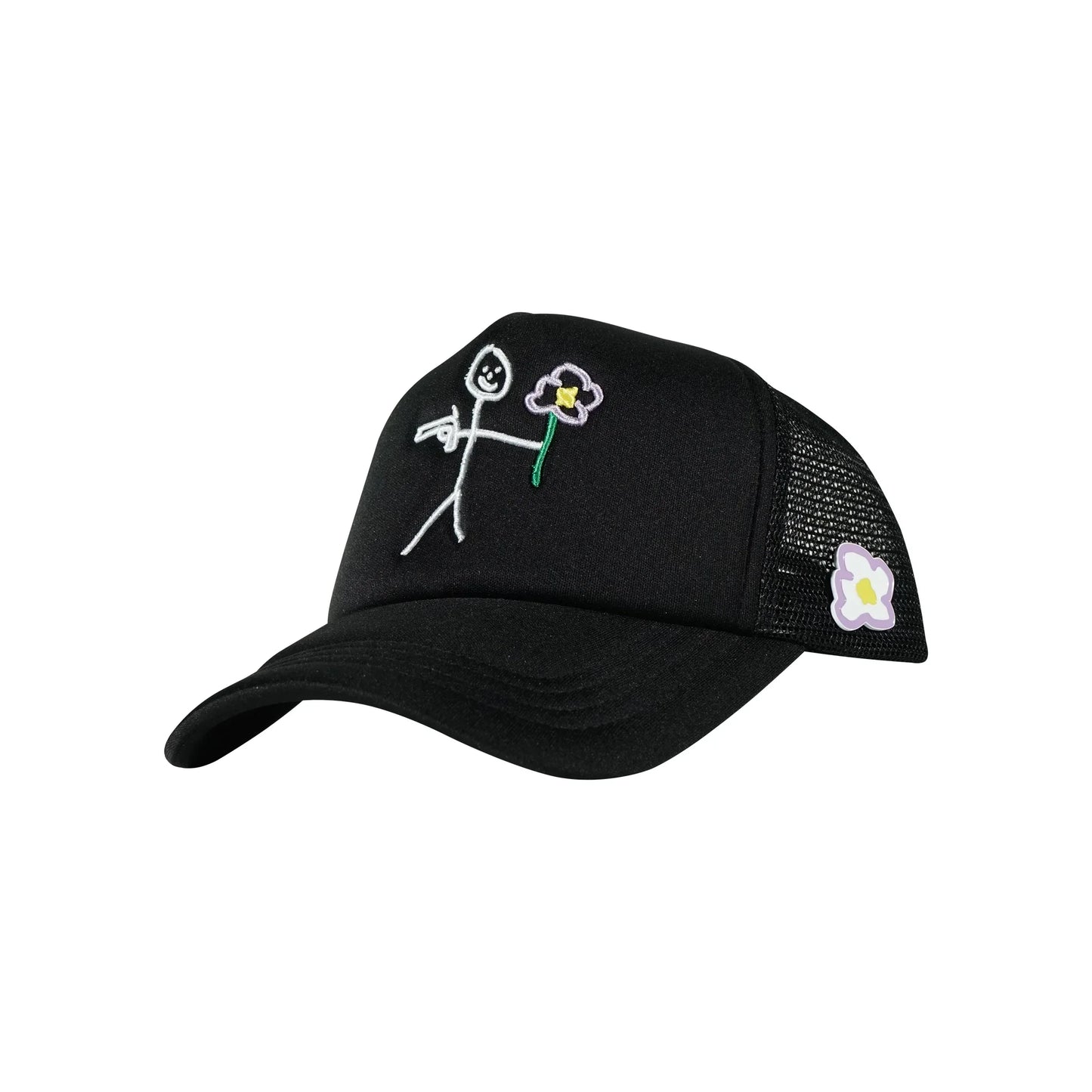 Black trucker cap three quarter front view with embroidered stickman logo