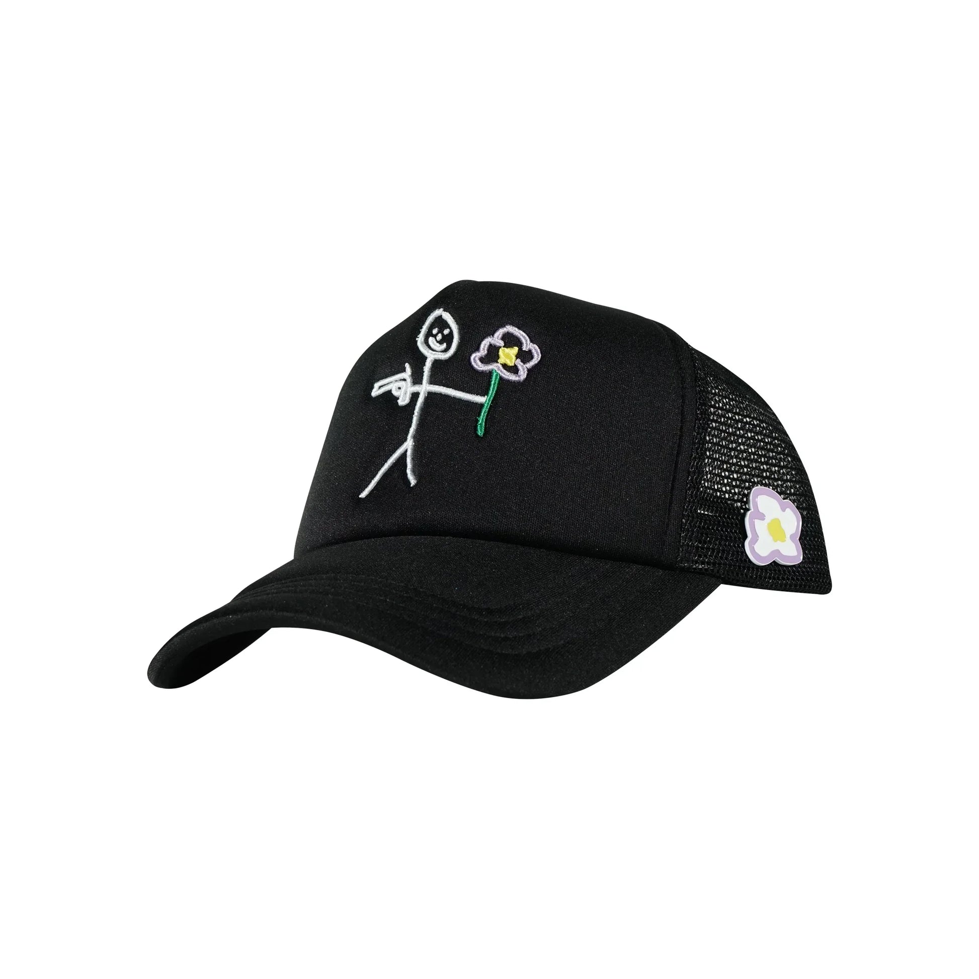 Black trucker cap three quarter front view with embroidered stickman logo