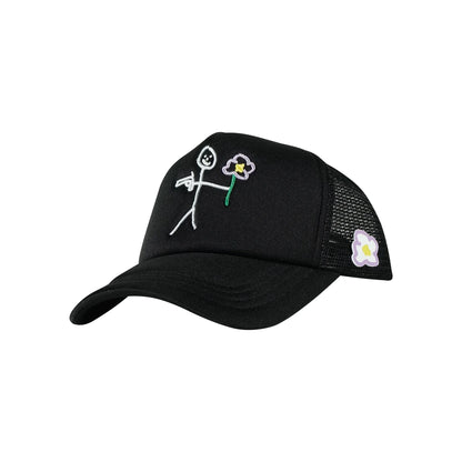 Black trucker cap three quarter front view with embroidered stickman logo