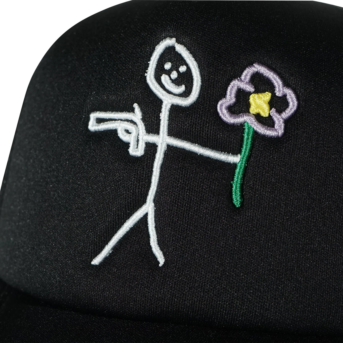 Embroidered stickman gun and flower logo front detail on black trucker cap