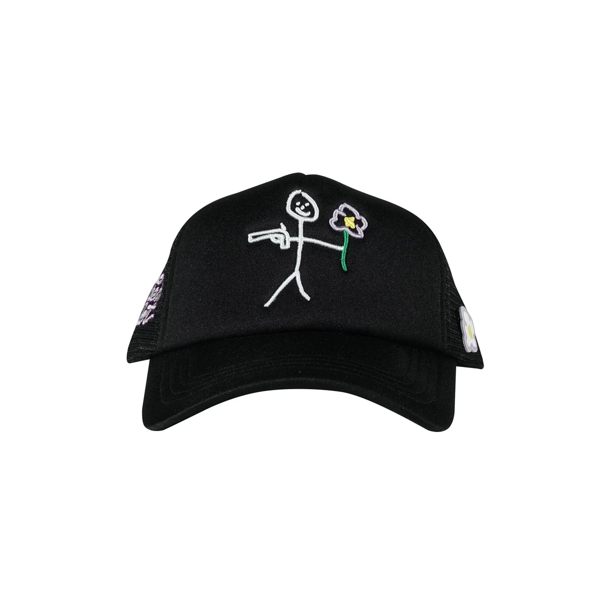Black trucker cap front view with embroidered stickman gun and flower logo