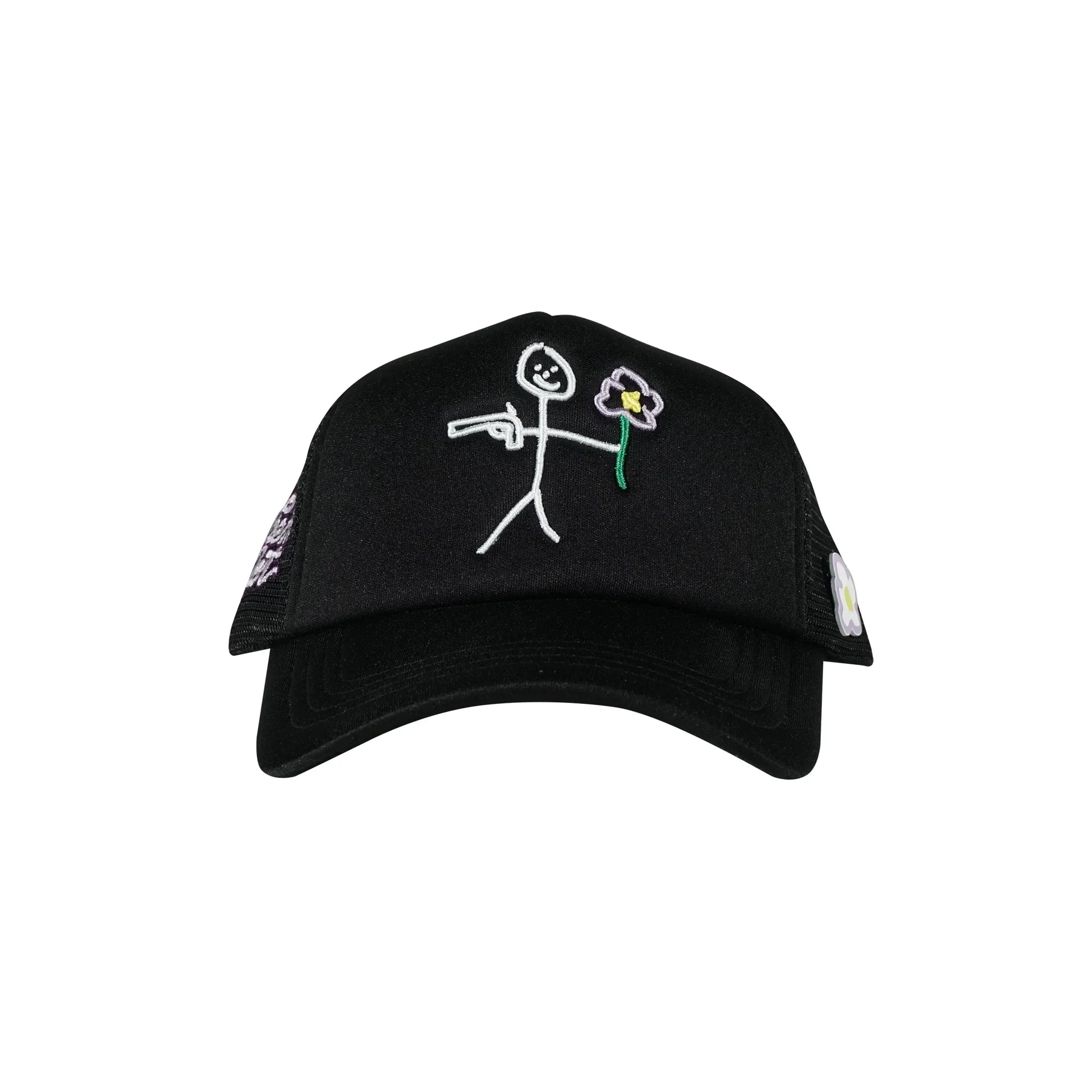 Black trucker cap front view with embroidered stickman gun and flower logo