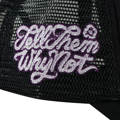 Embroidered typography right side detail on black trucker cap