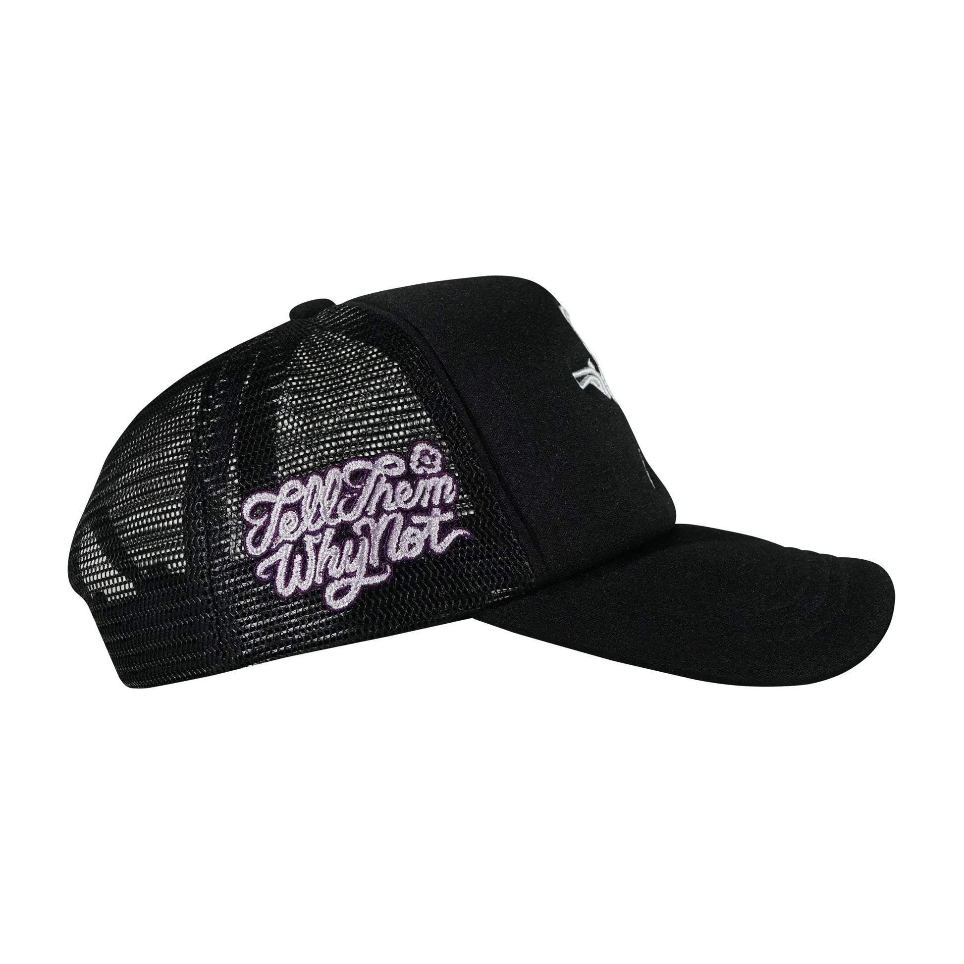 Black trucker cap right side view with embroidered stickman logo & typography