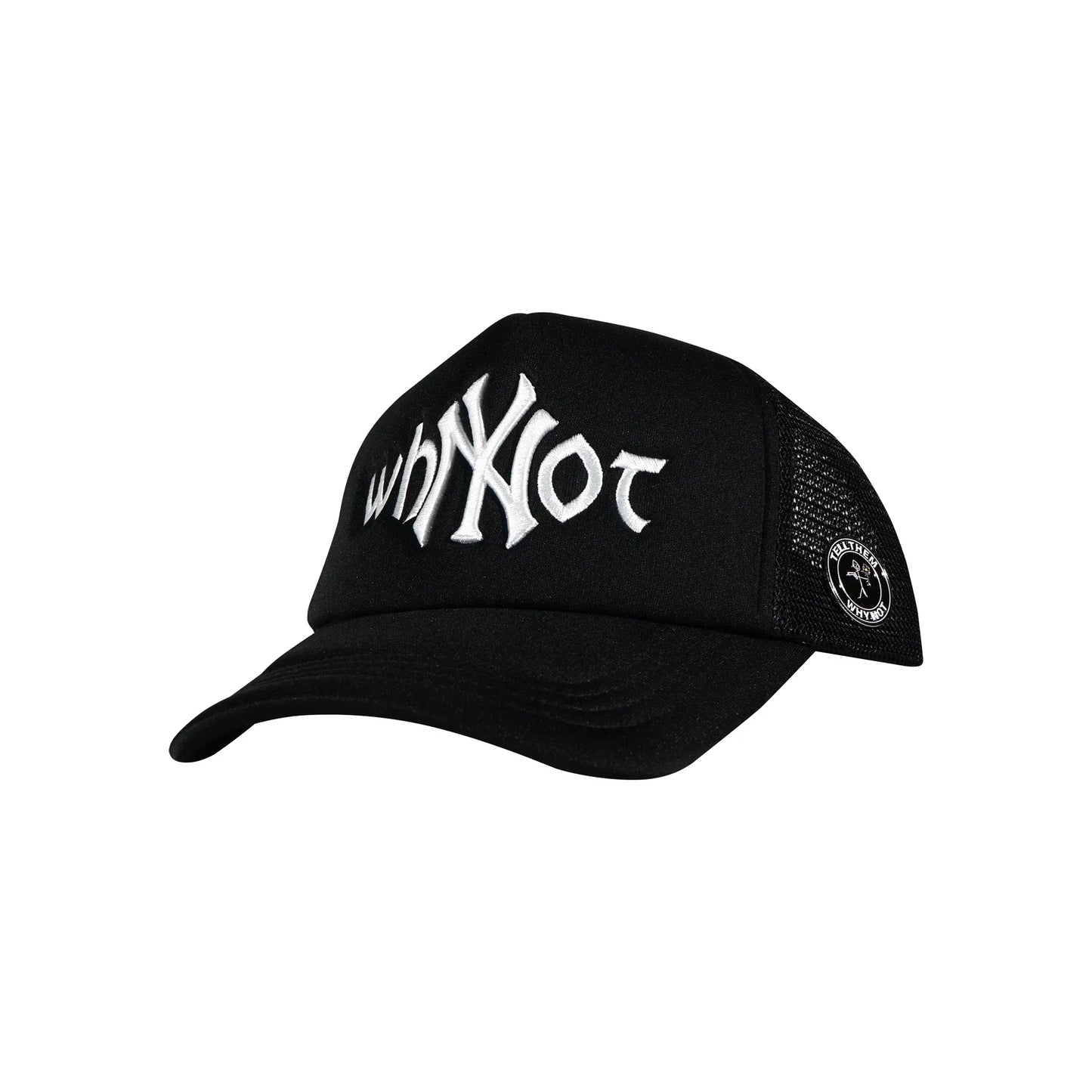 Black trucker cap three quarter front view with Whynot NY typography