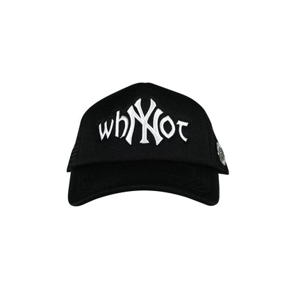 Black trucker cap front view with Whynot NY typography and embroidered stickman 