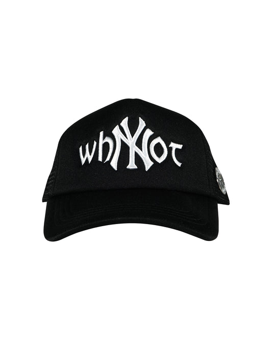 Black trucker cap front view with Whynot NY typography and embroidered stickman 