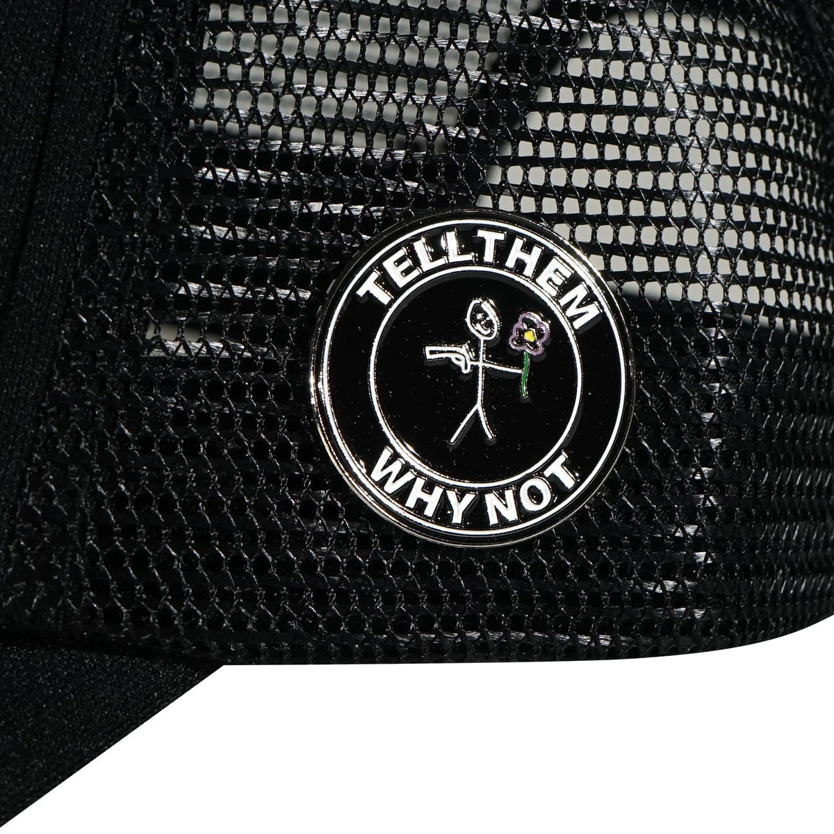 Black Whynot NY typography trucker left side pins detail