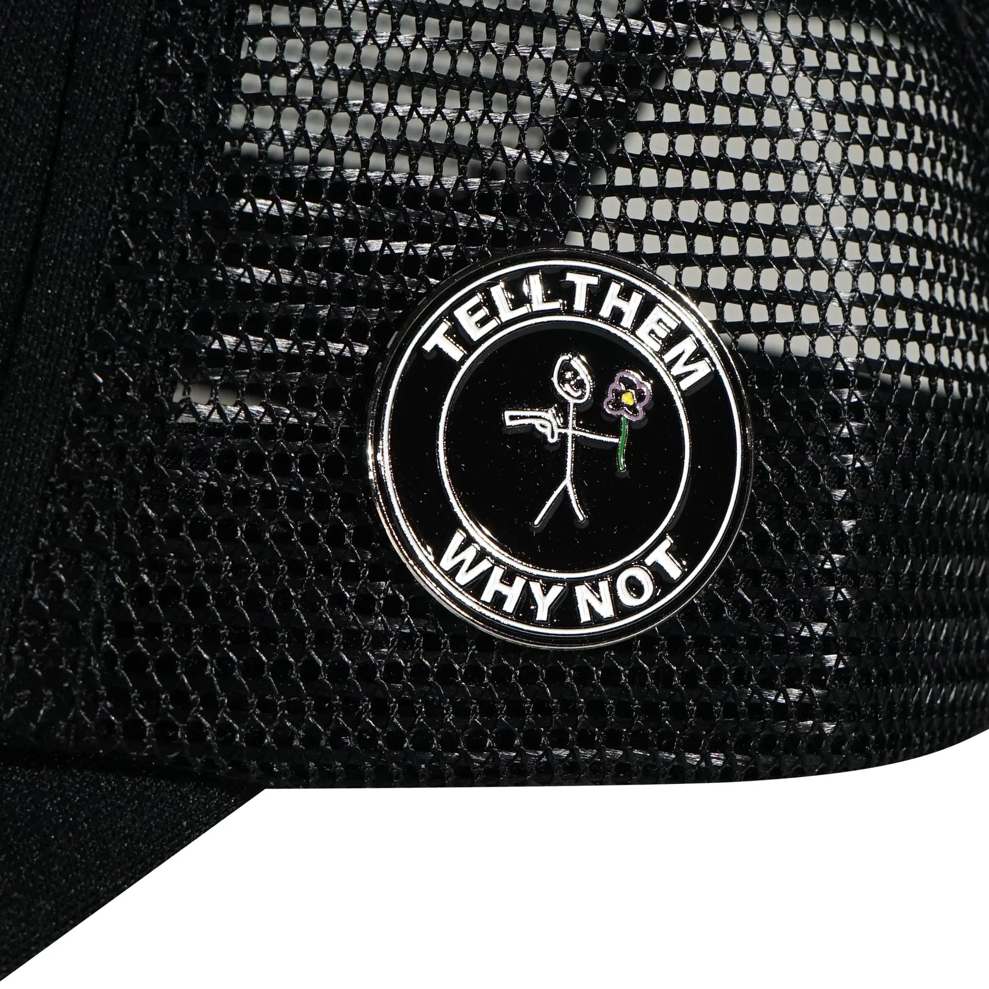 Black Whynot NY typography trucker left side pins detail