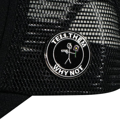 Black Whynot NY typography trucker left side pins detail